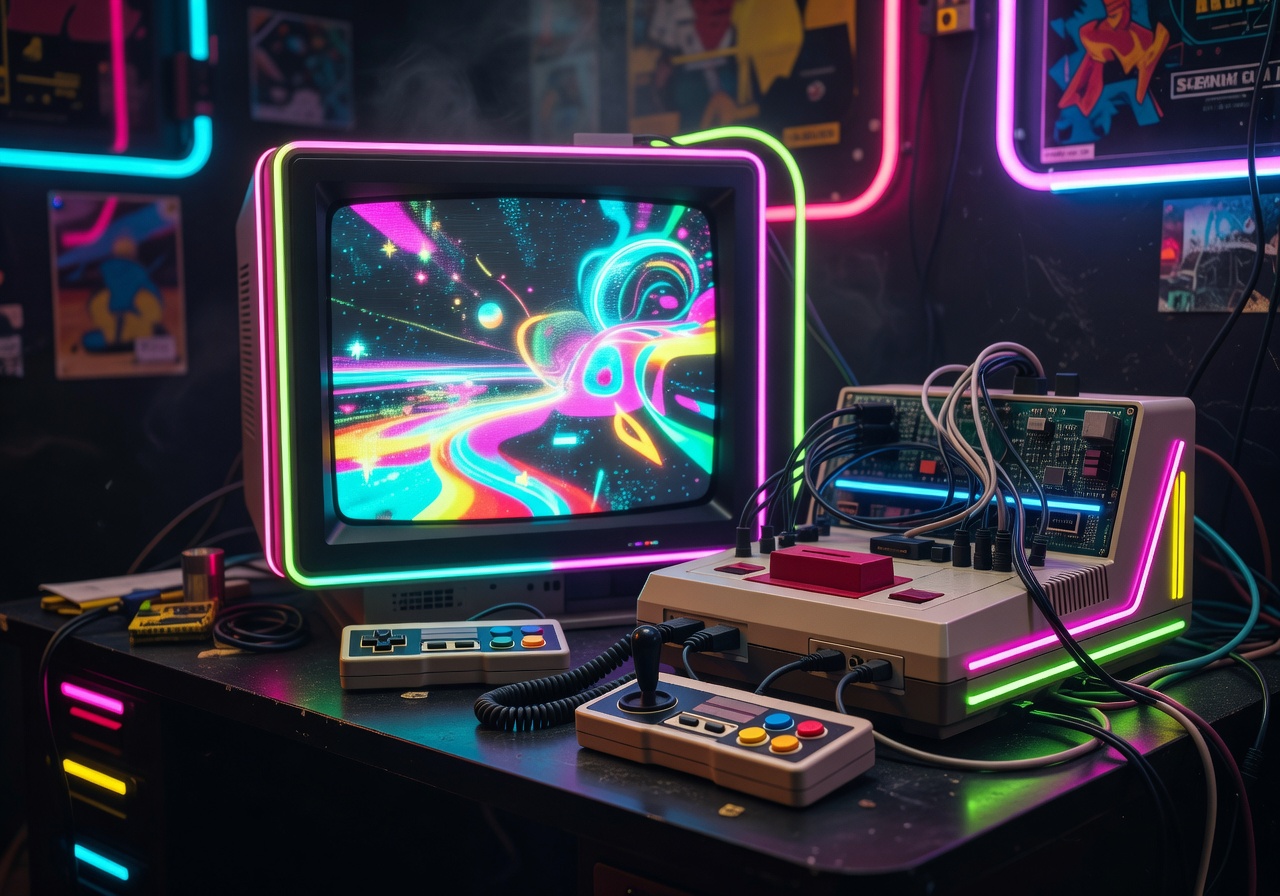Retro futuristic gaming setup with neon glow